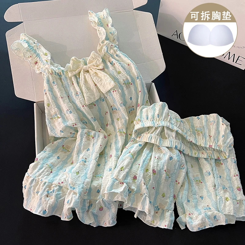 韩系ins风睡衣女生新款夏季带胸垫性感吊带短裤甜美家居服两件套