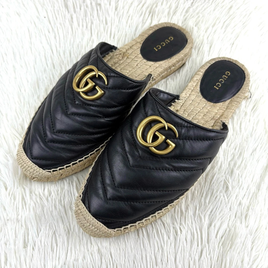 99新 GUCCI/古驰 Gucci/古驰黑色草编渔夫半拖鞋38码