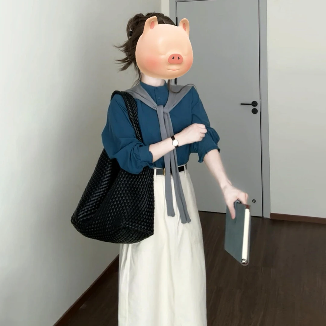 高级感穿搭半身连衣裙子女夏2025新款早初秋蓝色长袖衬衫两件套装