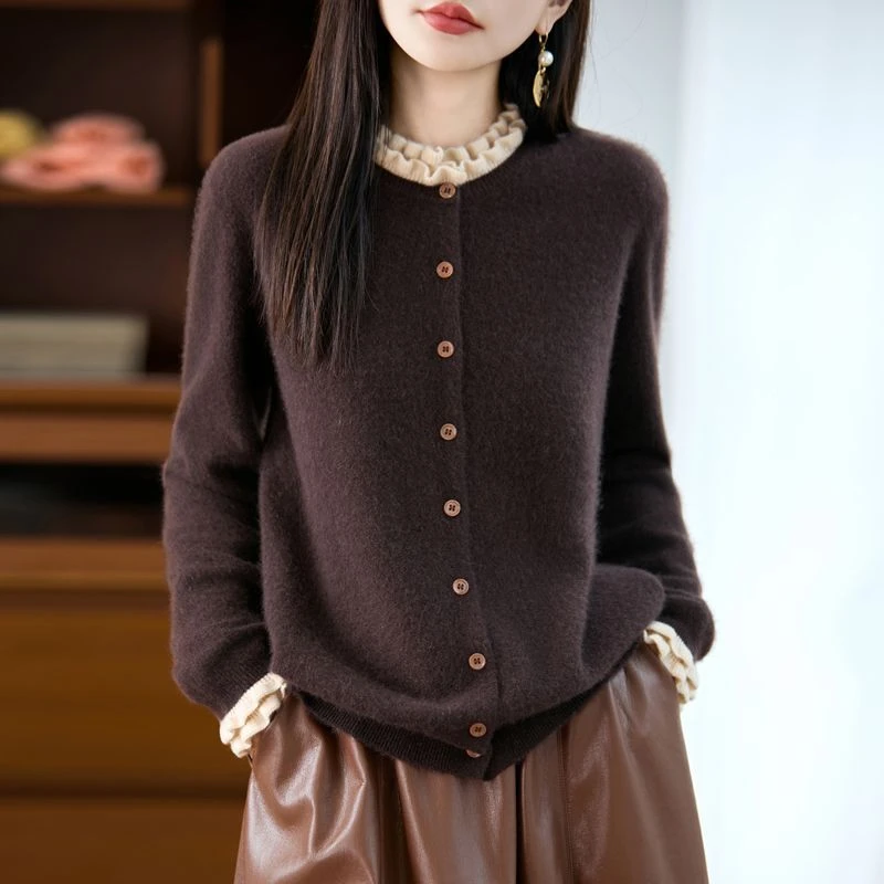 正品撤柜精纺羊毛衫木耳花边针织开衫秋冬新款洋气减龄外套上衣