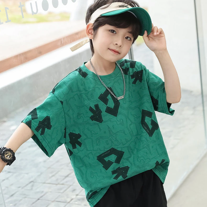 新款休闲夏季男童短袖字母印花宽松纯棉速干圆领T恤洋气上衣潮