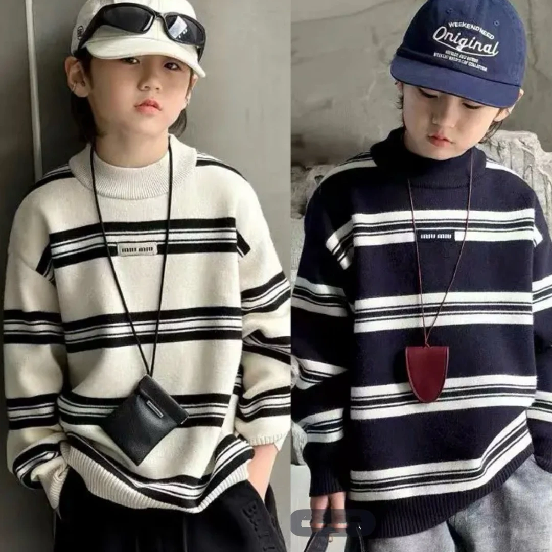 不起球加绒男女童毛衣秋冬中大童加厚一体绒针织衫儿童套头打底衫