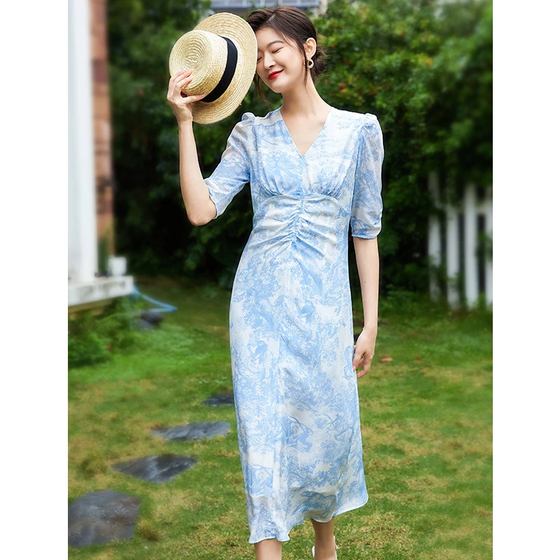 【高奢丛林】100真丝连衣裙女2025气质V领收腰a字碎花桑蚕丝长裙