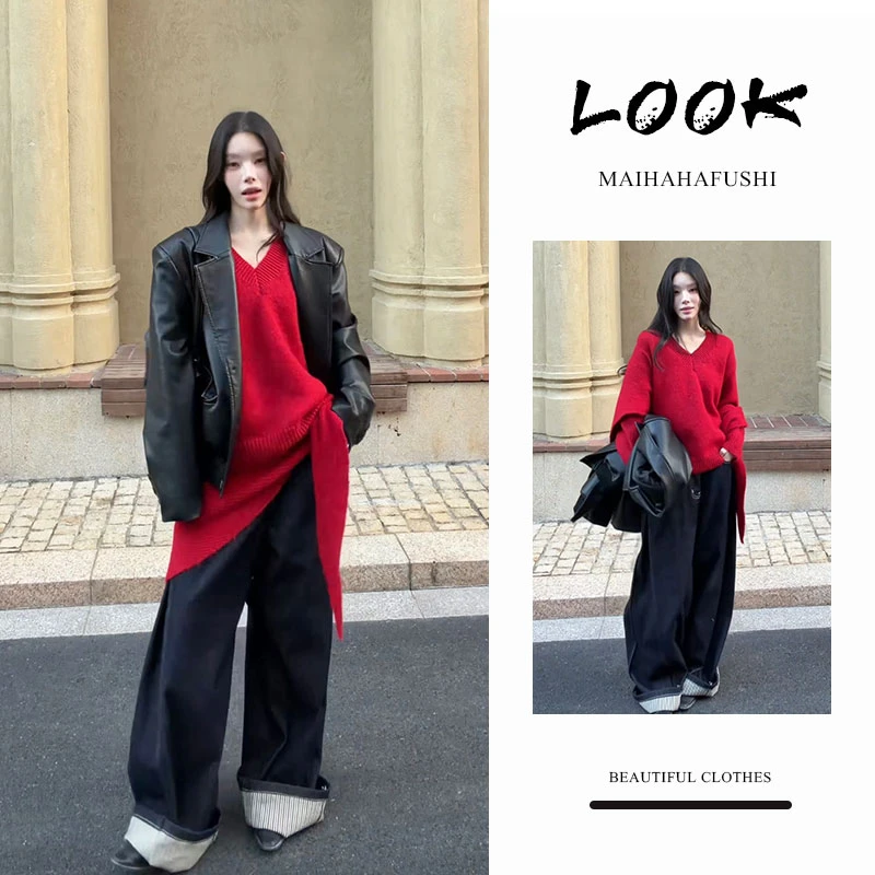 冬季一整套女装2025新款韩版皮衣外套针织毛衣搭配屁帘阔腿裤套装