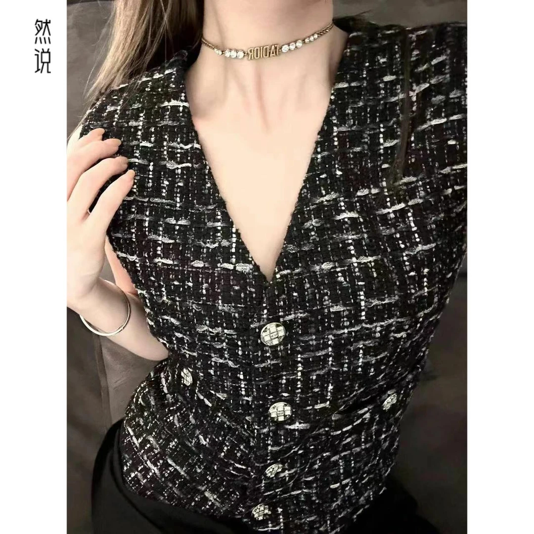 2025夏季新款韩版名媛小香风马甲女v领百搭高级法式显瘦气质上衣