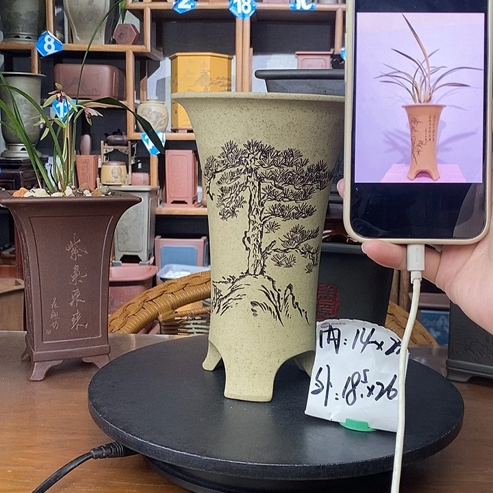 紫砂花盆芝麻段刻绘88包邮