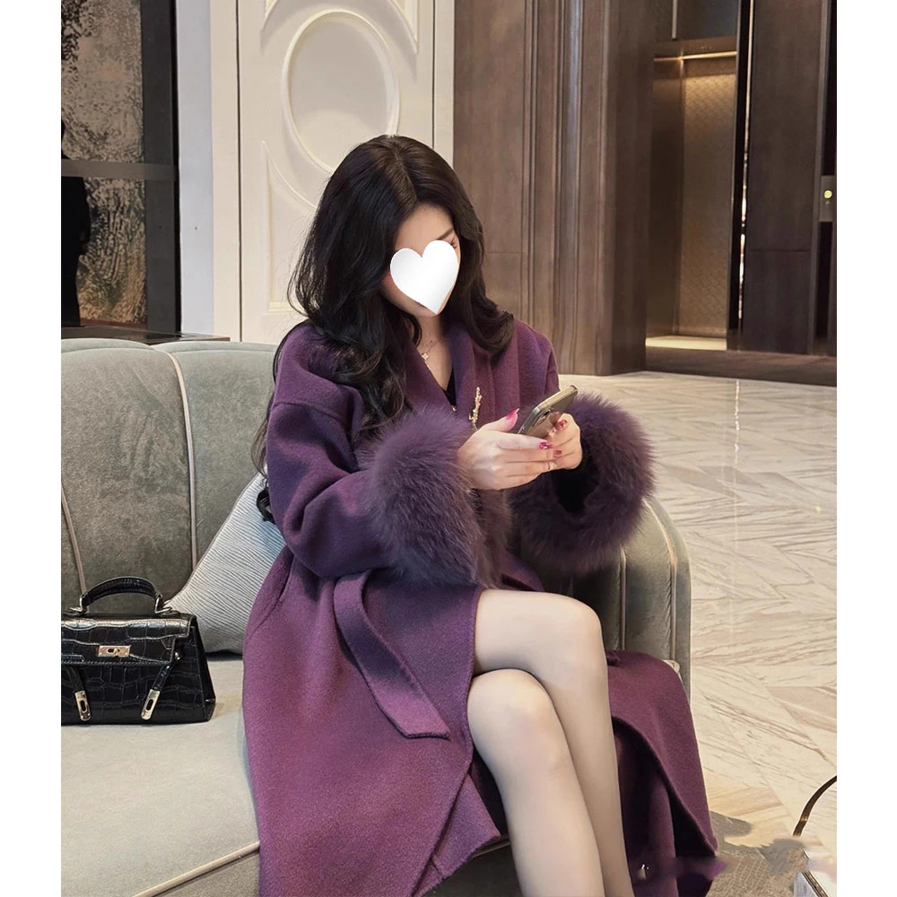 港风复古秋冬季新款赫本风紫色气质韵味系带大衣中长款呢子外套女