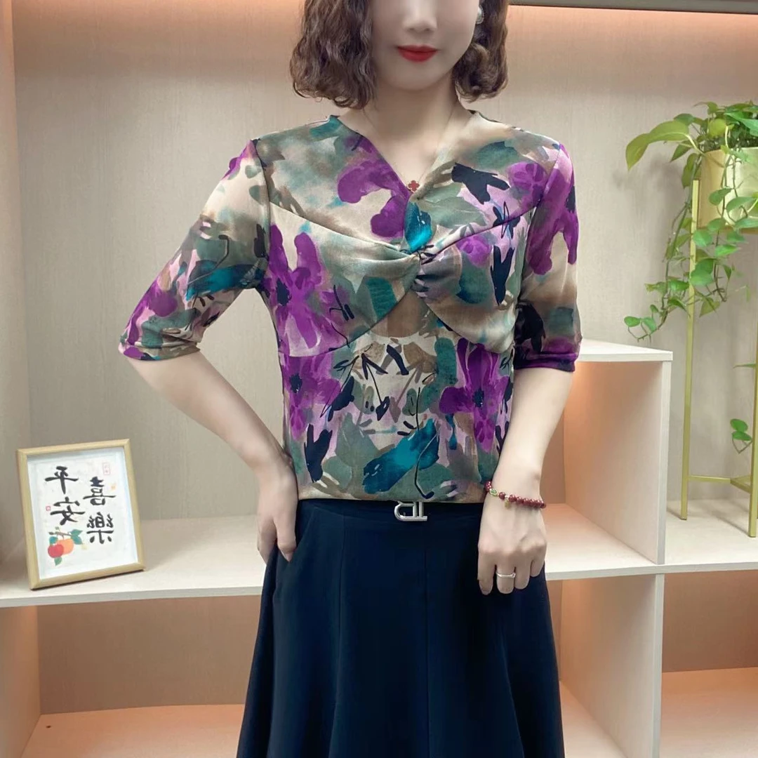 夏季新款弹力网纱打底衫中年妈妈装V领气质遮肉T恤女高档上衣小衫