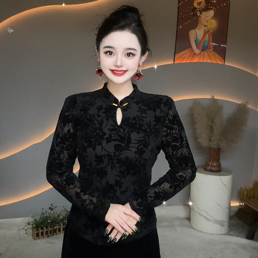 【花开如意】新中式国风旗袍领爆款洋气重工打底衫女