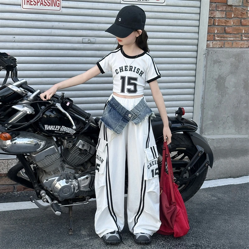 女童套装夏装2025新款儿童时髦洋气工装裤大童女孩短袖T恤两件套