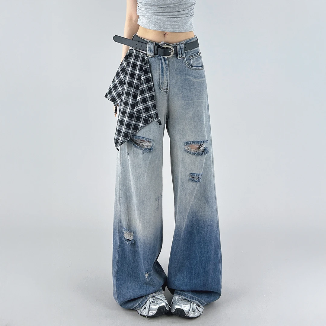 复古高腰阔腿破洞牛仔裤女2025夏新款设计感渐变色宽松显瘦直筒裤