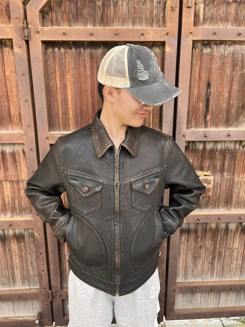 新品2.0全植鞣重水洗头层牛皮门多萨翻领短款修身时尚真皮男机车