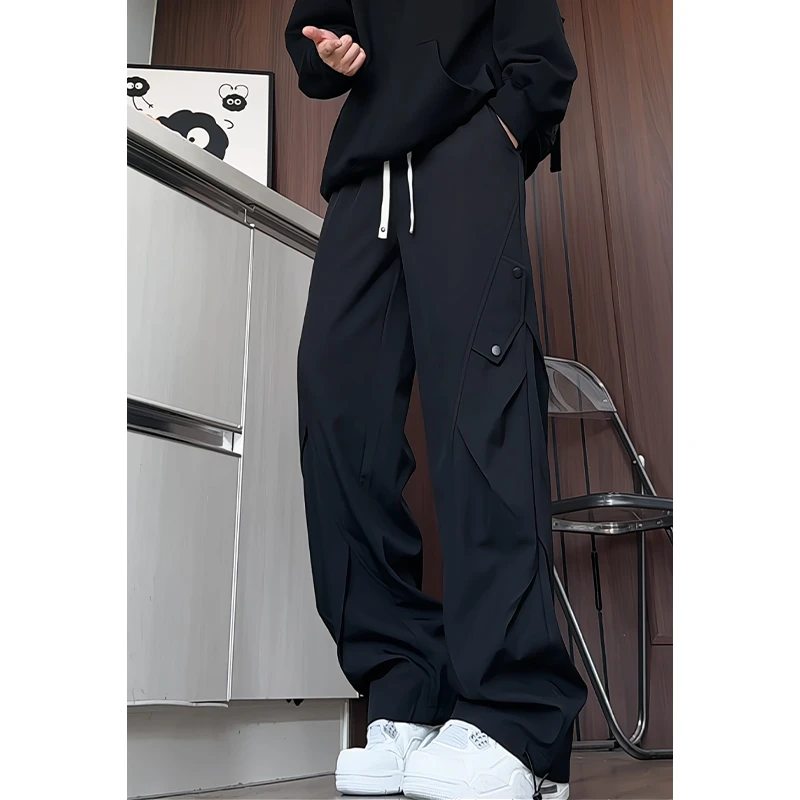 秋装新款设计感褶皱休闲裤男宽松大码工装裤垂感直筒裤百搭长裤子