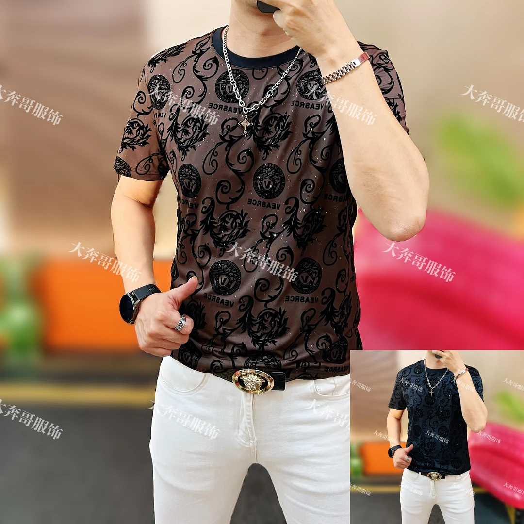 大奔哥-潮流夏季透气修身高定重工提花t恤短袖弹力男装夏季修身