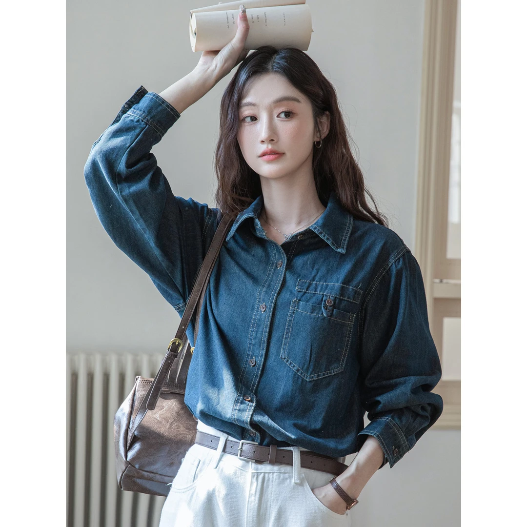 实拍水洗牛仔衬衫女2025早秋新款韩版复古宽松休闲内搭叠穿衬衣
