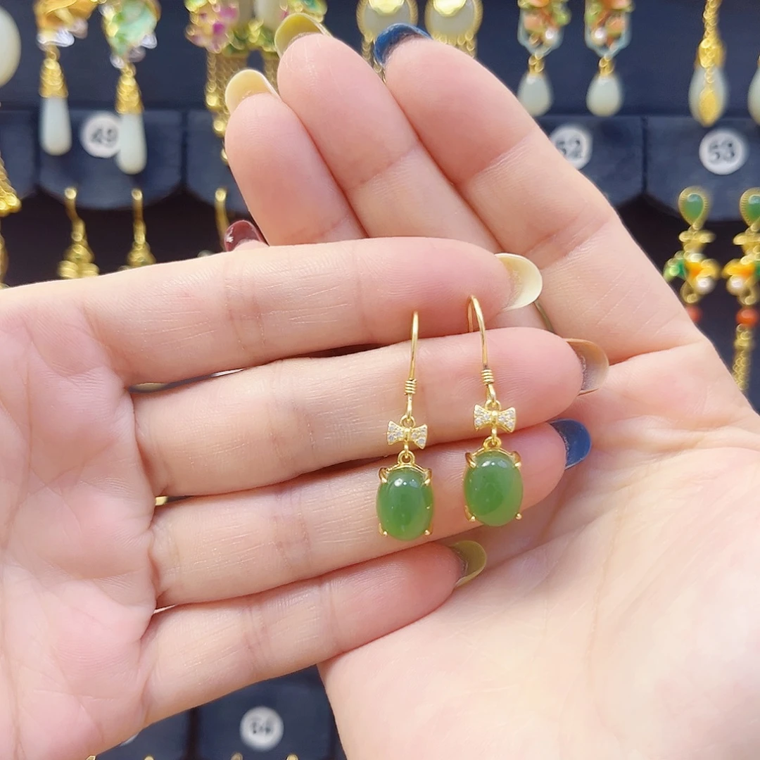 和田玉银S925镀金镶嵌耳饰