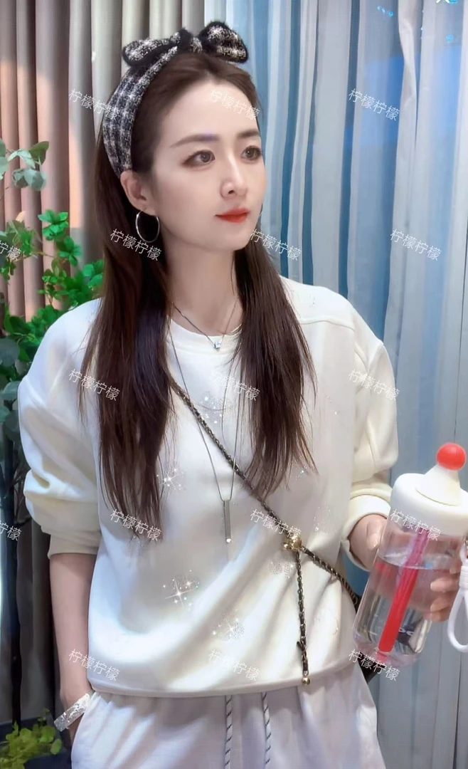 小米奇25秋季新款圆领卫衣春秋加厚长袖落肩短款宽松米色无帽上衣