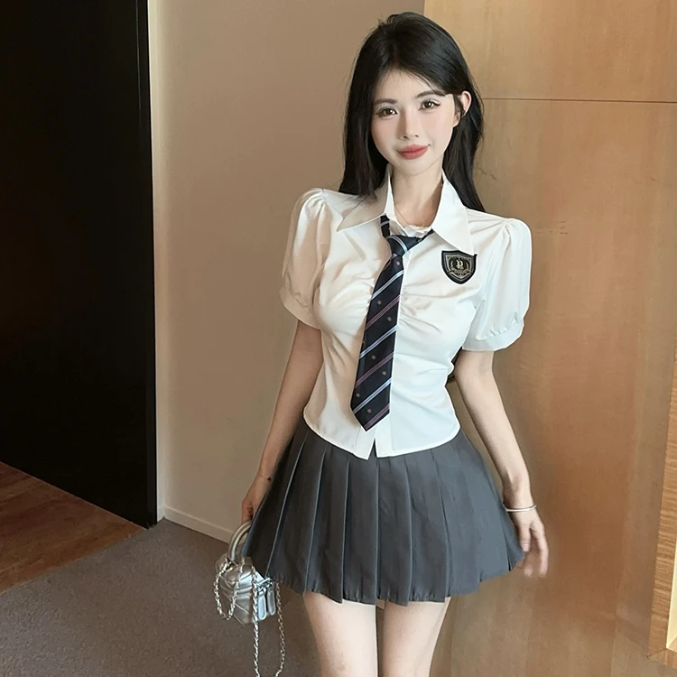 学院风jk制服套装女夏小个子纯欲辣妹收腰职业衬衫百褶短裙两件套