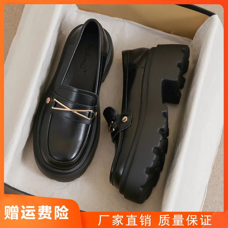 真皮小皮鞋女2025新款春秋英伦风黑色厚底乐福配裙子34码增高鞋子