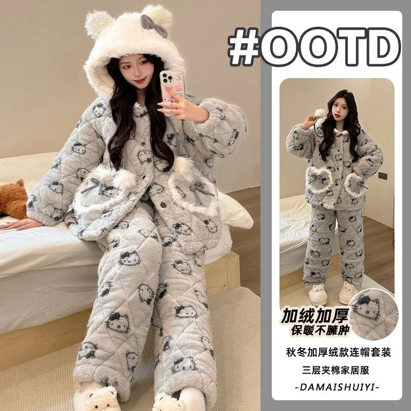 珊瑚绒三层夹棉2025年冬季长毛绒睡衣女加绒加厚连帽家居服套装