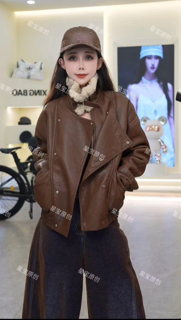 皮毛一体宽松羊羔毛拼接翻领pu皮夹克2025冬款时尚外套女2339