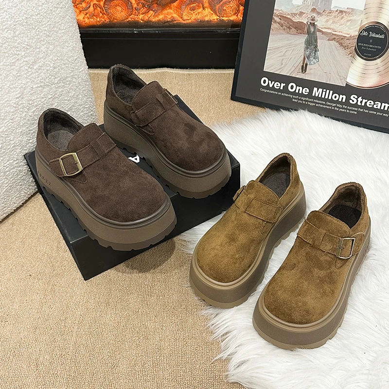 厚底增高勃肯鞋女2025秋冬加绒百搭英伦一脚蹬防滑时尚单鞋乐福鞋