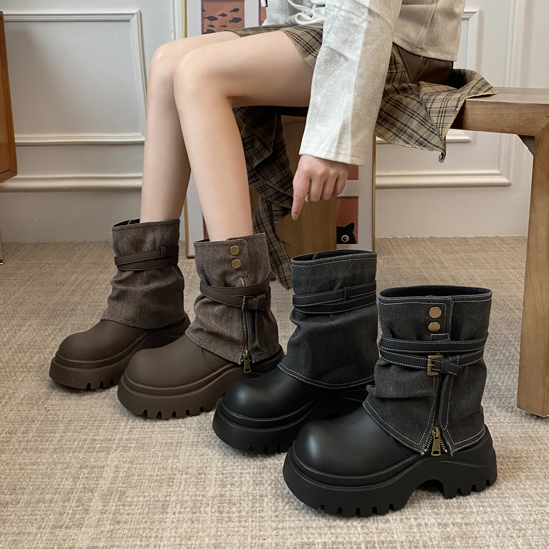 贾不假厚底堆堆裤管靴女士2025秋季新款复古风粗跟机车靴潮款炸街