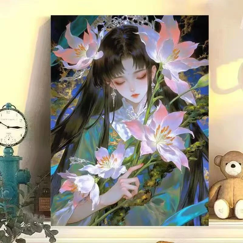 中国风数字油画diy古风与花系列手工填充填色租房改造装饰挂画