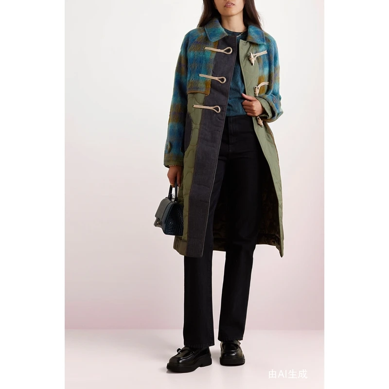 [折扣]Andersson Bell 女牛仔布边饰格子布风衣