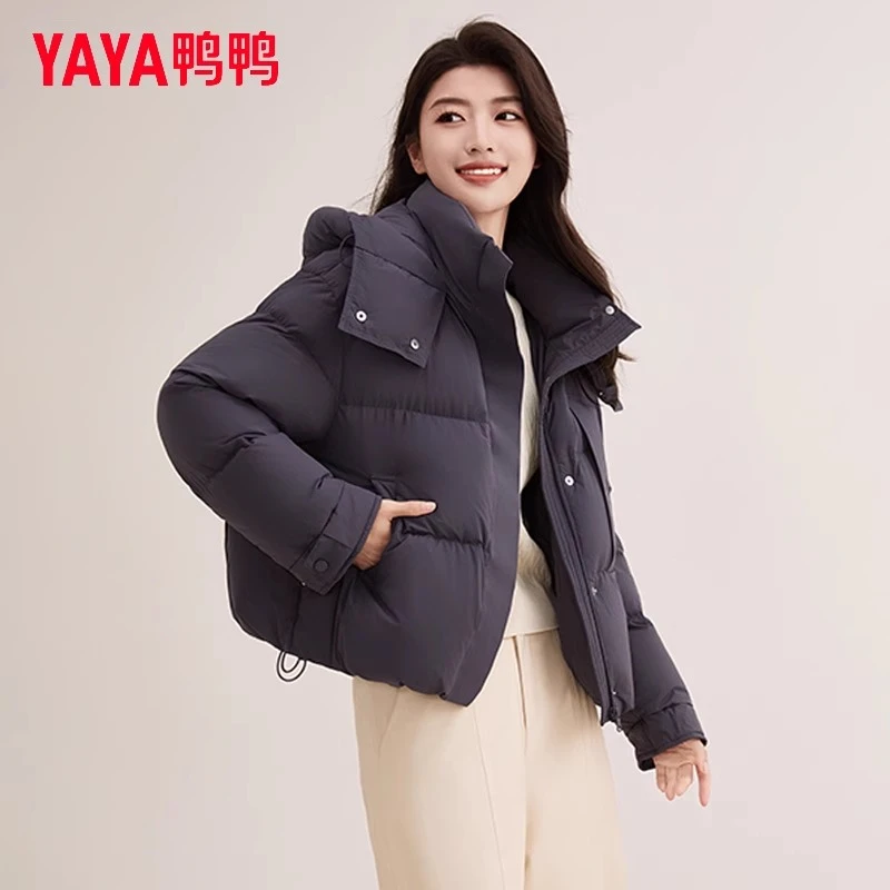 YAYA/鸭鸭女士2024冬季短款宽松纯色百搭连帽保暖外套