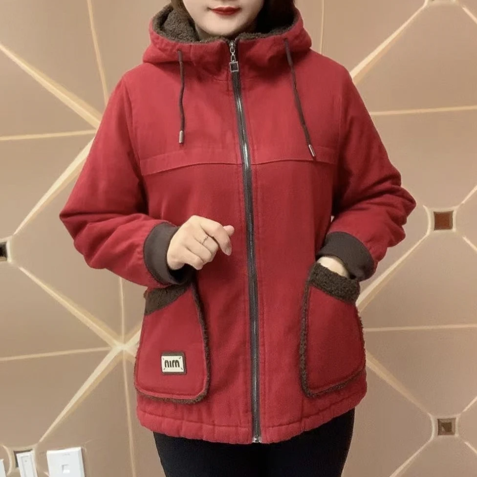 242#冬季新款连帽加绒加厚中老年妈妈大码棉衣外套