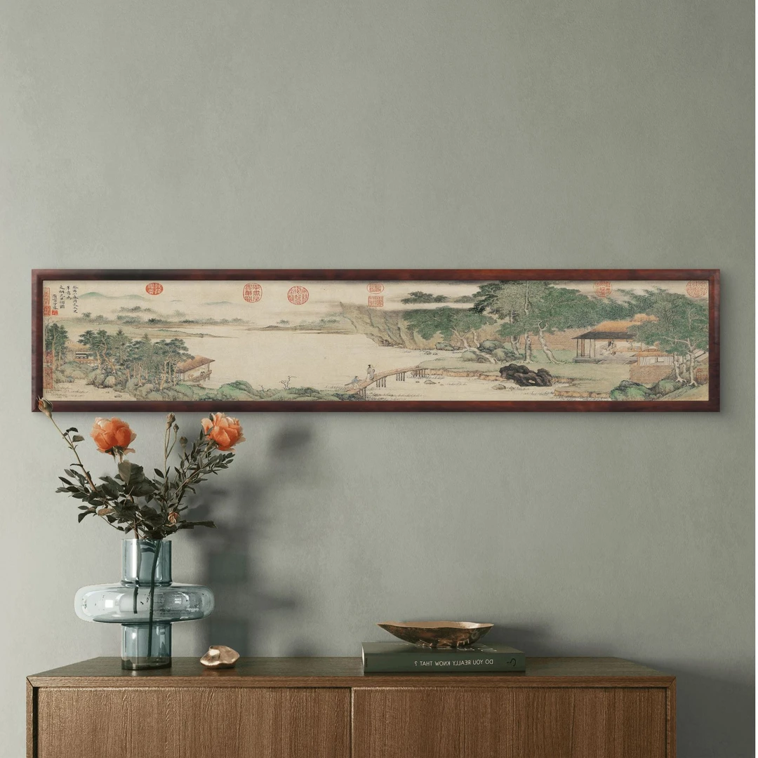 869-25*120携琴访友图中式装饰画实木框玄关书房茶室客厅挂画