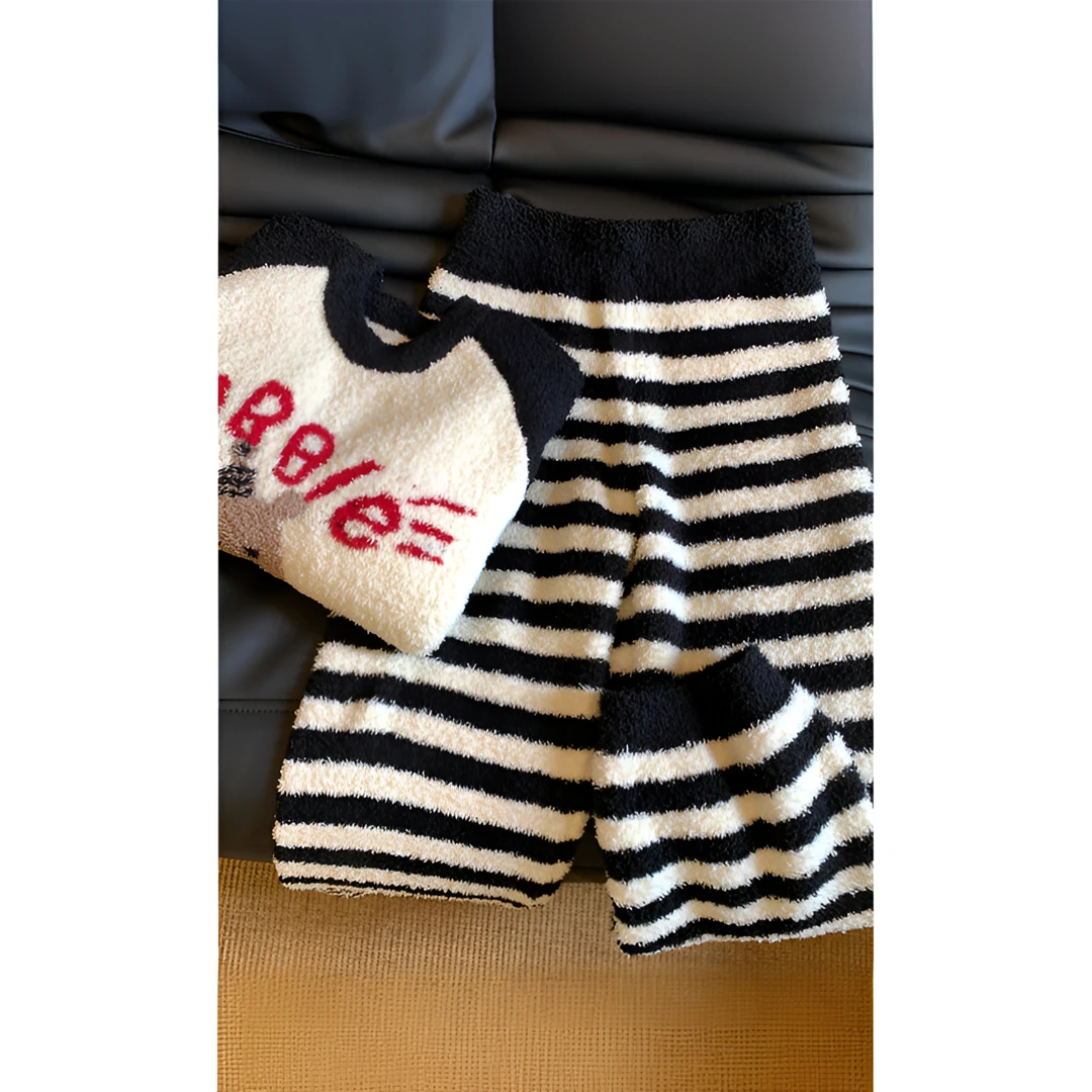 【保暖搭子】黑白撞色半边绒睡衣秋冬款女针织毛衣加厚家居服套装