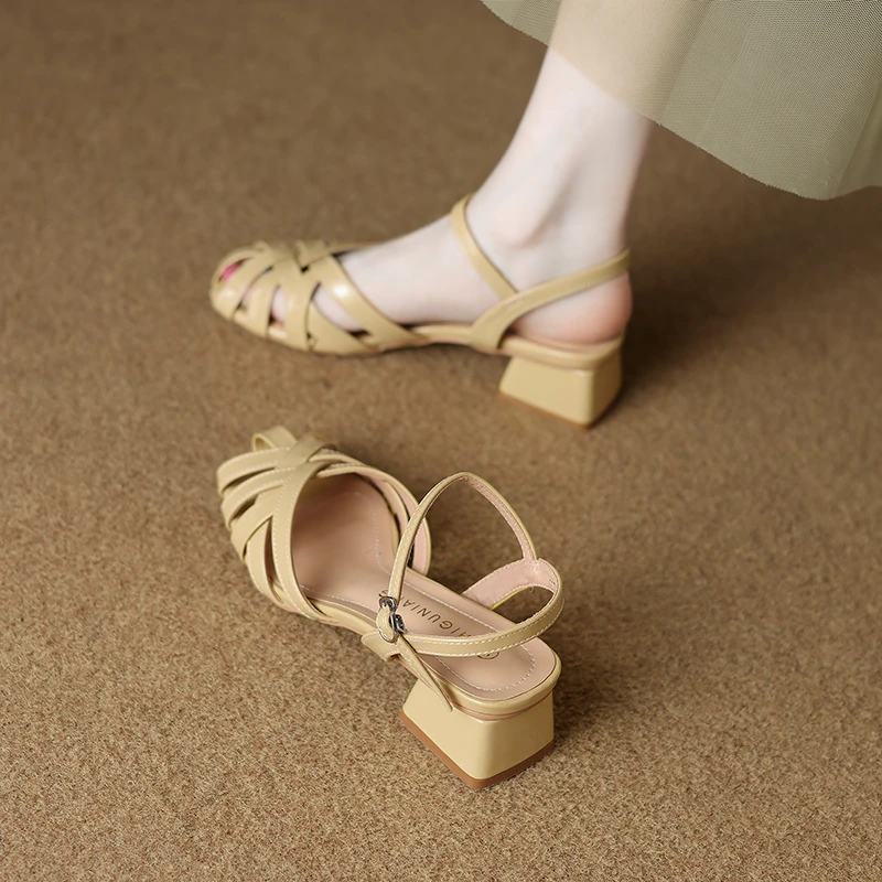 拾姑娘1979-18包头罗马编织凉鞋女夏季工作鞋浅口鞋复古猪笼女鞋