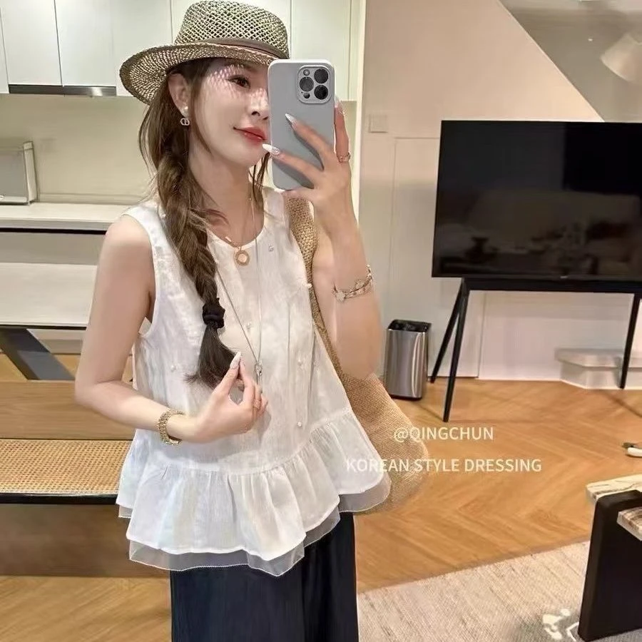夏季新款韩版时尚重工钉珠圆领无袖小众设计感女背心上衣百搭显瘦
