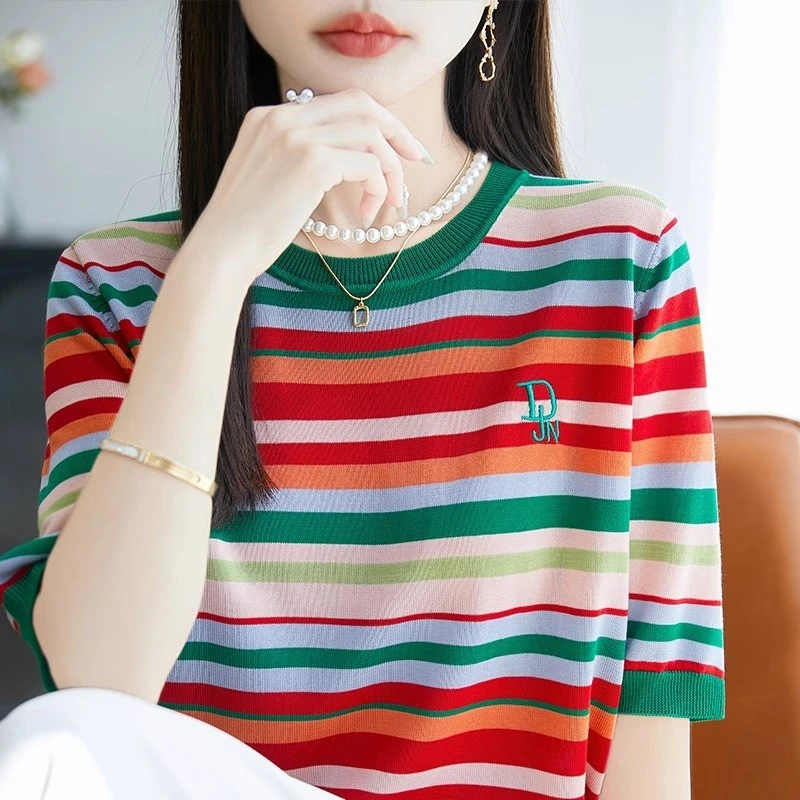 撞色彩虹条纹针织短袖恤女夏季薄款莱赛尔天丝凉感宽松减龄上衣