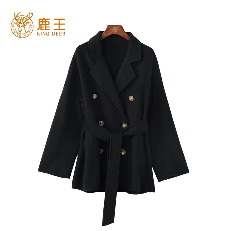 鹿王24秋冬新款女翻领100山羊绒经典双排扣系带中长大衣厚 TX8011