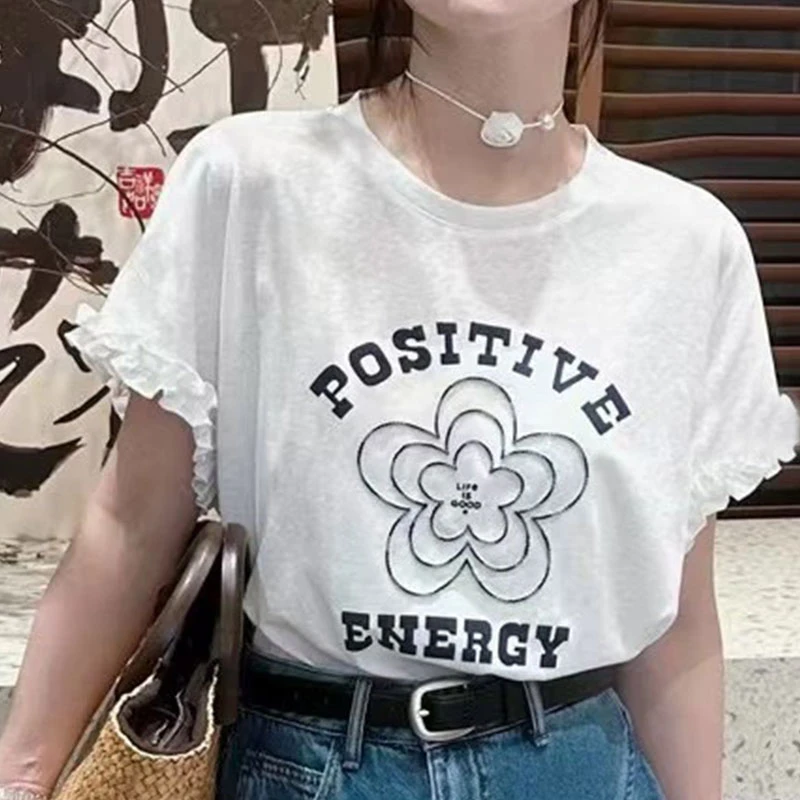 拉夏贝尔韩系2025夏季短袖T恤简约字母线条印花甜美花边圆领短袖