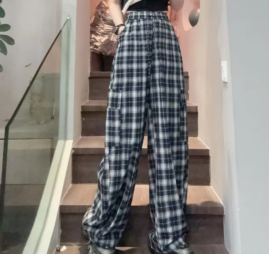 【YUANJIE】韩系中高腰格子工装阔腿裤女显瘦休闲裤百搭直筒长裤潮