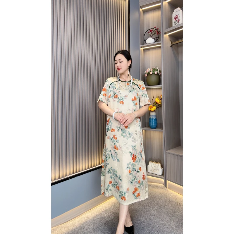 荔枝YJ145妈妈装新中式国风盘扣优雅气质复古遮肉连衣裙