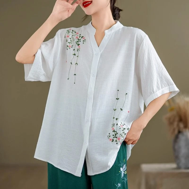 【现货+运费险】棉麻短袖衬衫女轻奢高级感宽松五分袖上衣衬衣XU780