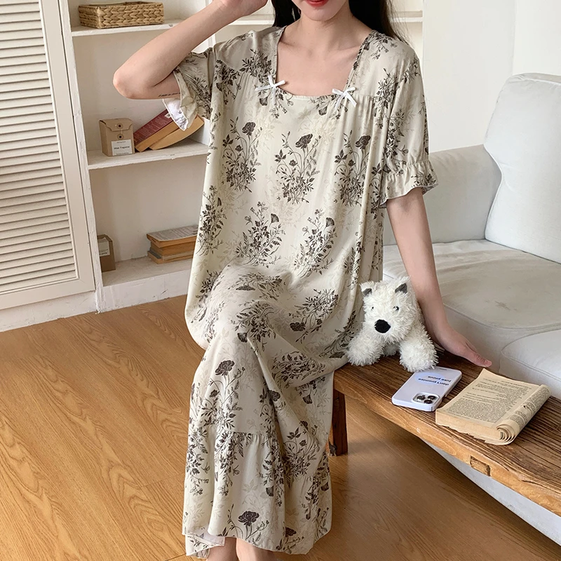 2409#超长款新款睡衣女春秋款棉绸睡裙春夏碎花女款网红【COCO】