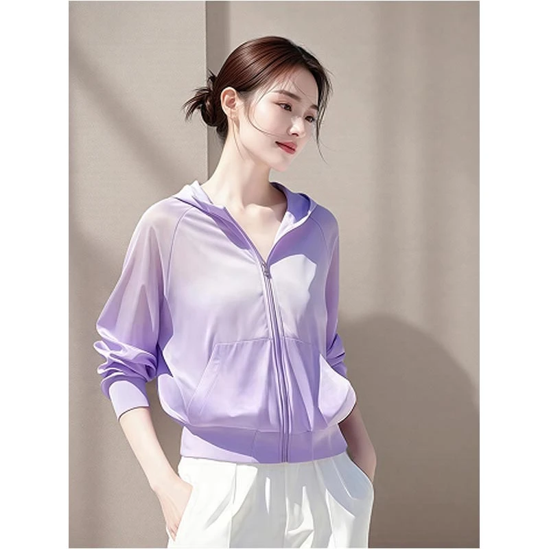 2025夏季新款小众薄款紫色连帽防晒衣短外套女百搭高级感时尚上衣