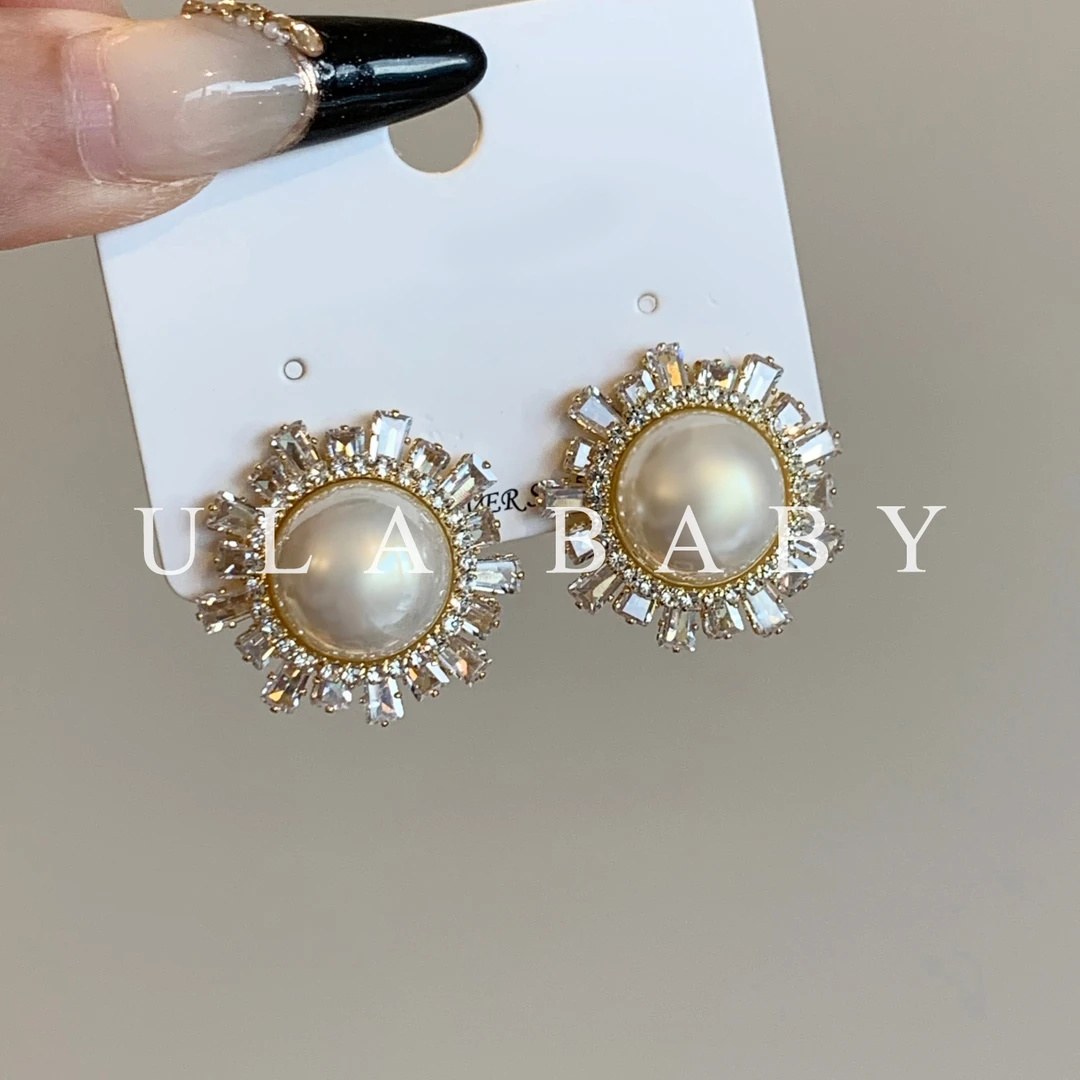 铜合金合成锆石耳饰 【喜儿ula】10-23-15轻奢夸张太阳花珠珠耳钉