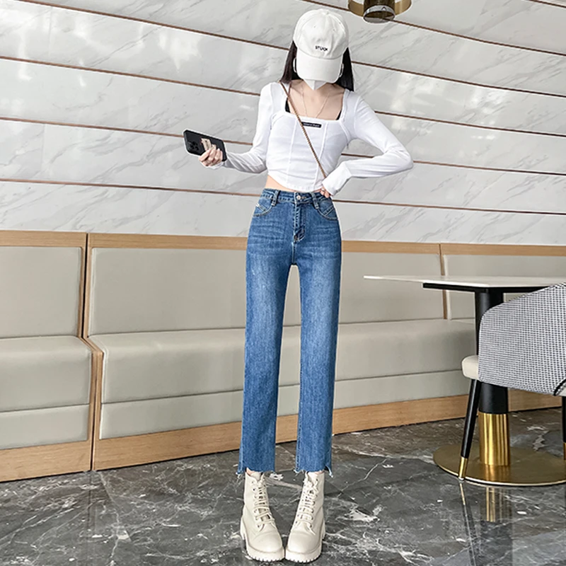 【匆匆那年】秋季新款小设计烟管裤九分洗水牛仔蓝高弹女裤子9272