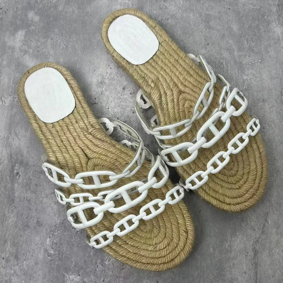 95新 Hermes/爱马仕 37码/仔仔女鞋/白色链条扣渔夫拖鞋 wsp450