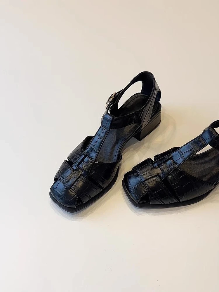 羊皮版~法式休闲编织镂空软皮凉鞋女复古粗跟猪笼鞋度假风罗马鞋