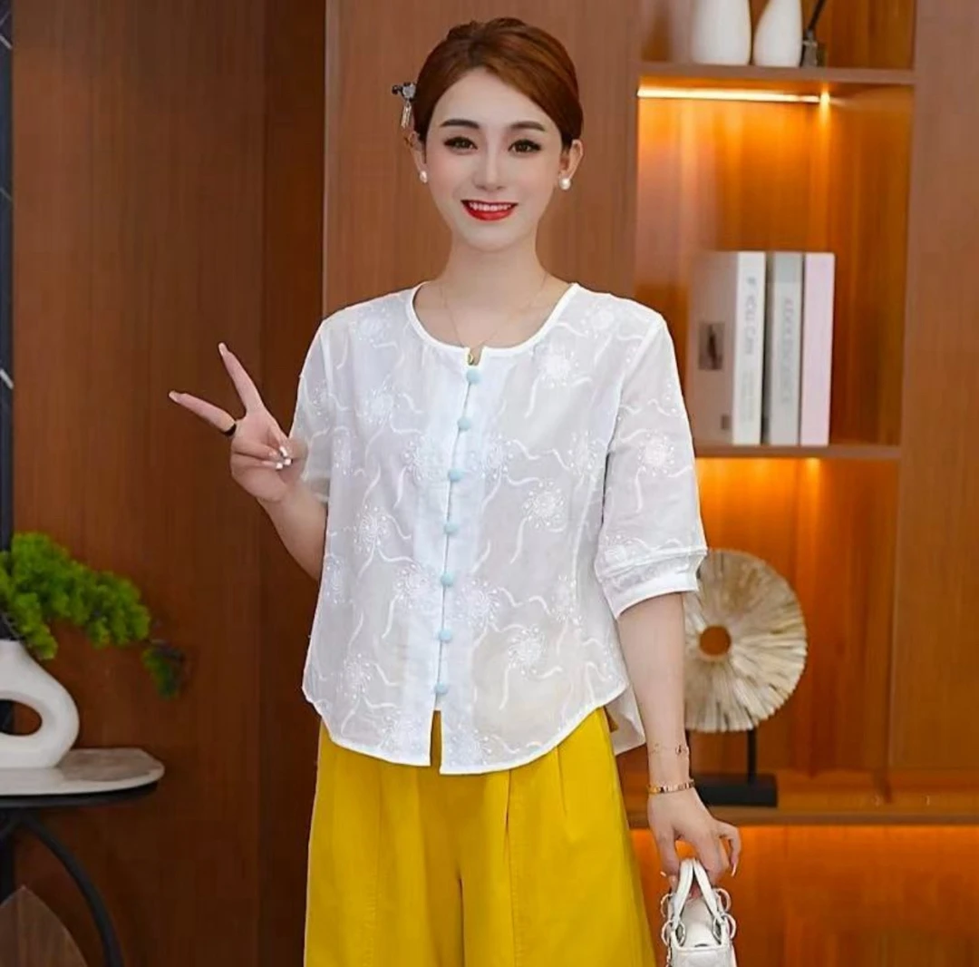 夏季新款女士韩版宽松清新显白显瘦白色绣花短袖6