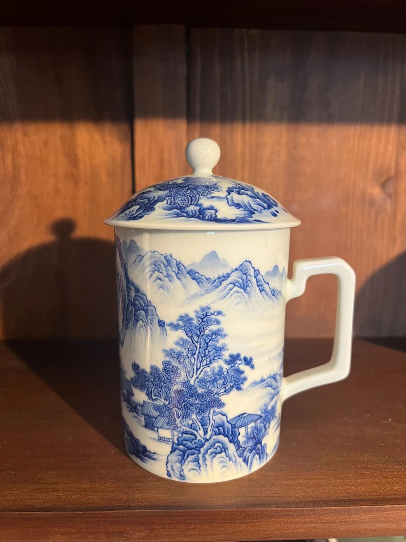 悟古瓷仁山水老板杯大容量手绘手工陶瓷茶杯白瓷带盖茶具家用高档