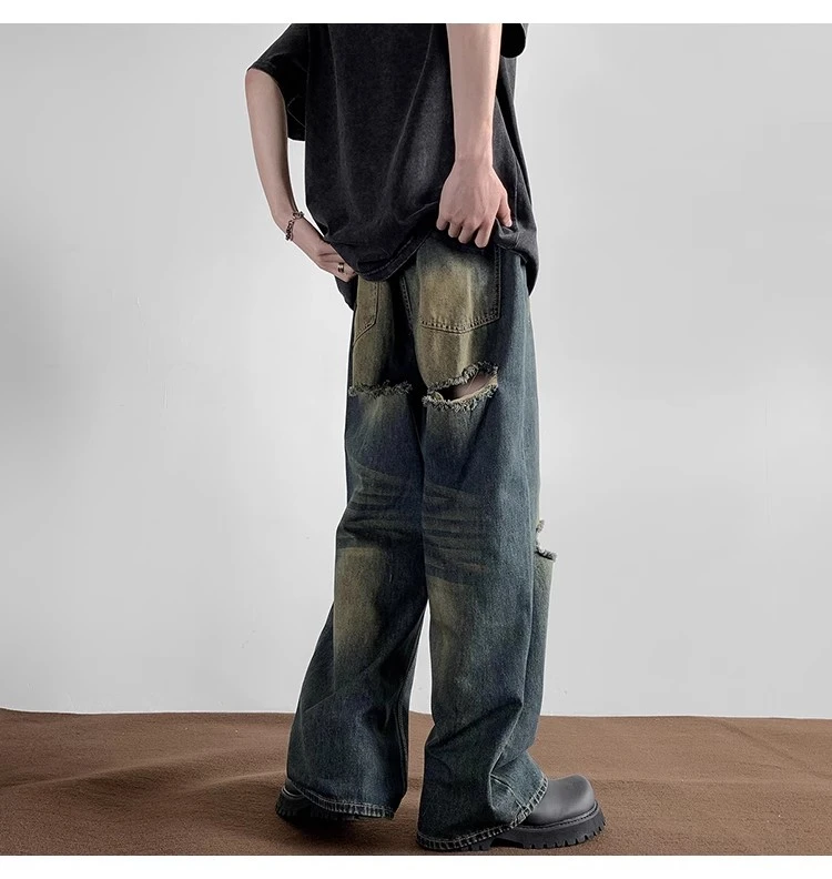 美式小众破洞水洗做旧复古潮牌痞帅宽松直筒阔腿拖地牛仔裤男女
